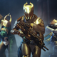 Three Destiny 2 guardians in shiny armor run hold rifles.